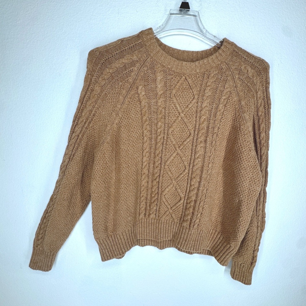 Gap Womens XL Camel Chunky Cable Knit Cotton Crewneck Raglan Fisherman Sweater